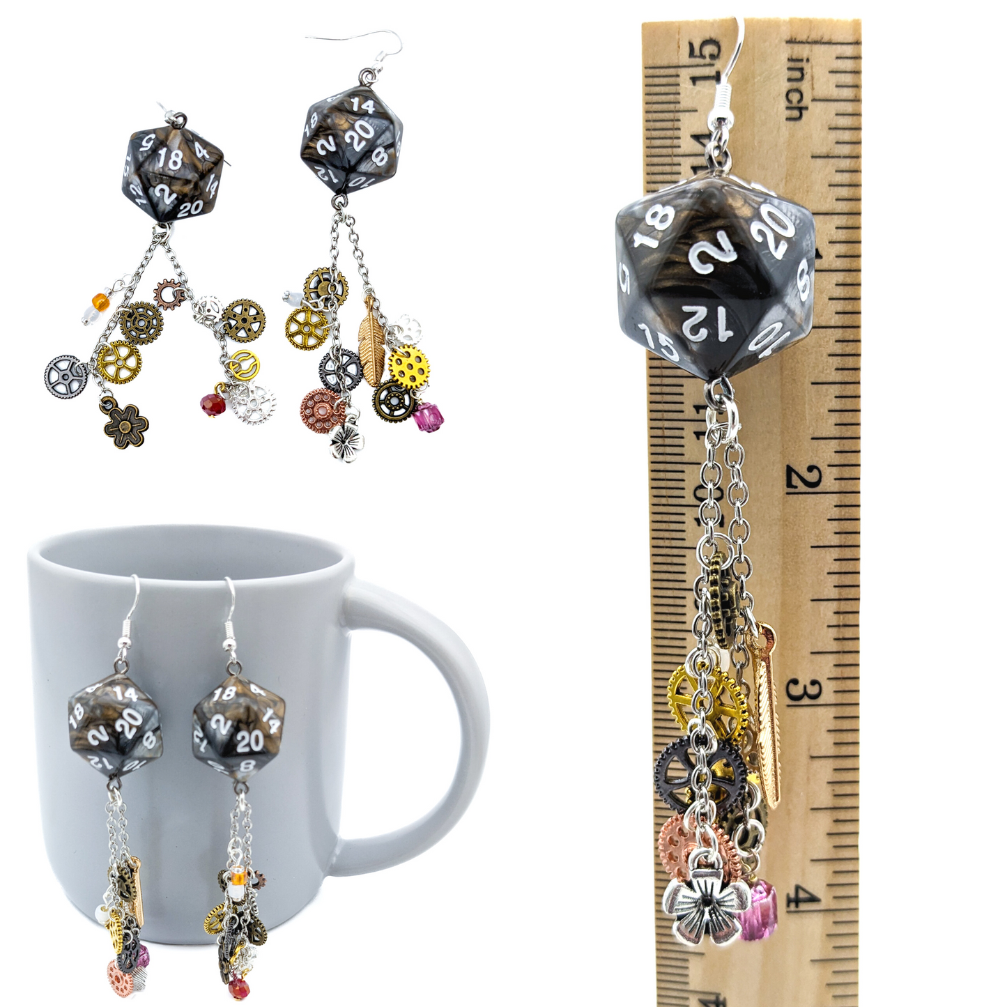 D20 Artificer Character Earrings - Steampunk Dice Jewelry - Artificer Earrings