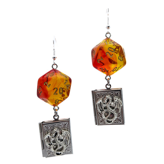 D20 Wizard/Spellcaster Character Class Dice Earrings with Spell Book