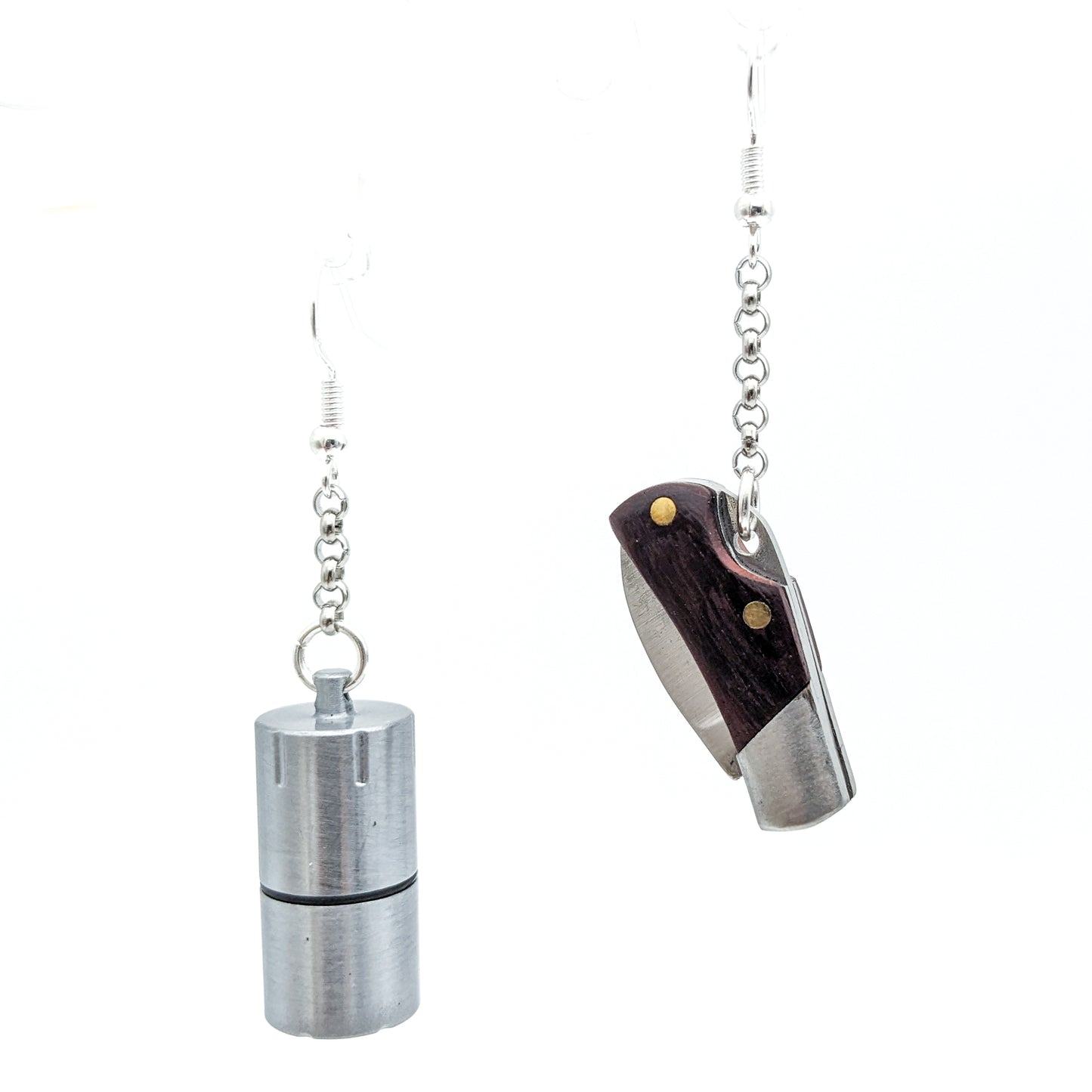 Functional Survival Tool Earrings with Lighter and Pocketknife