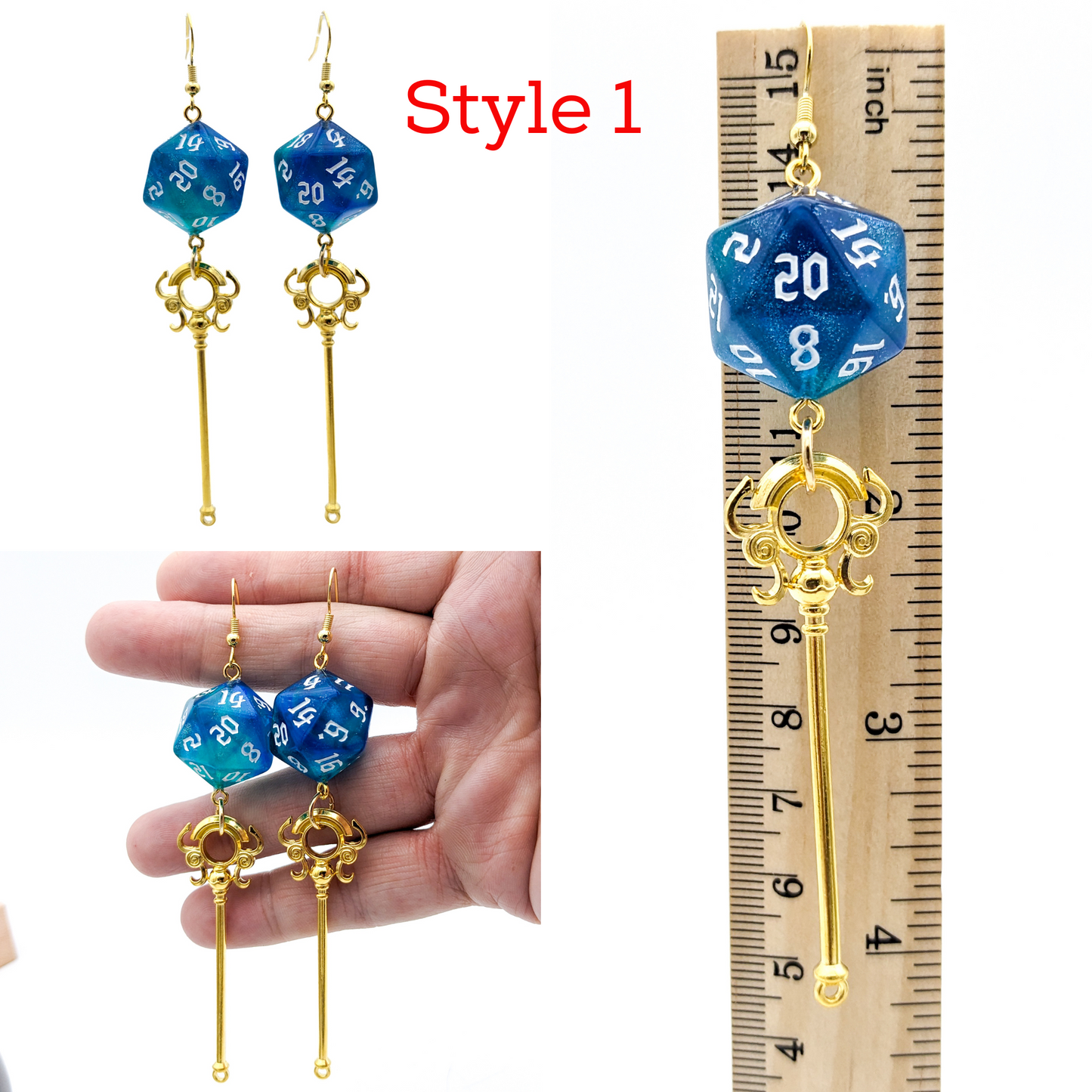 D20 Wizard/Sorcerer/Warlock/Mage Character Class Dice Earrings with Staff