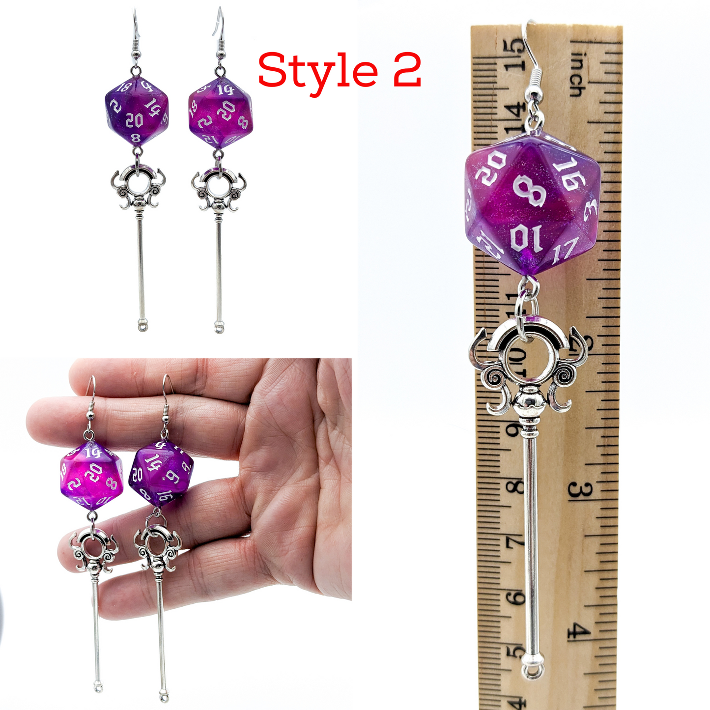 D20 Wizard/Sorcerer/Warlock/Mage Character Class Dice Earrings with Staff
