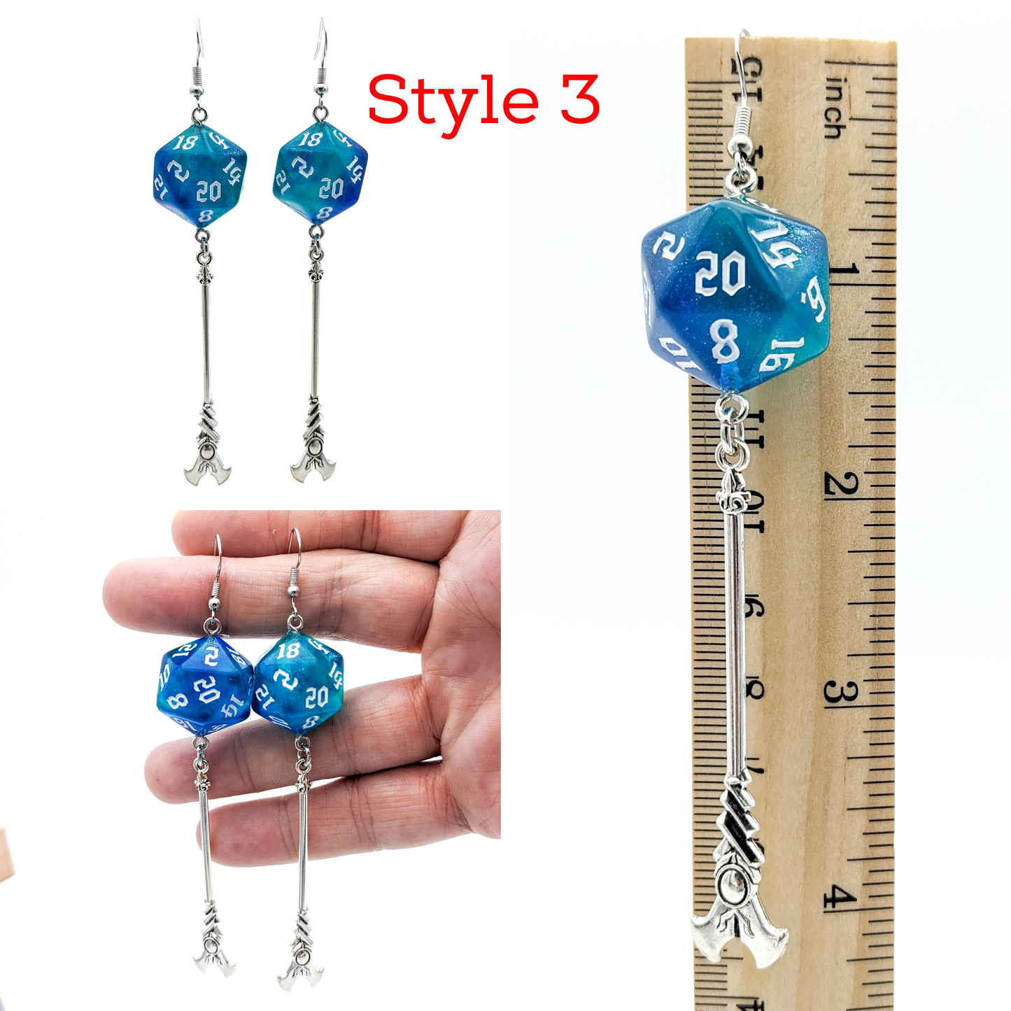 D20 Wizard/Sorcerer/Warlock/Mage Character Class Dice Earrings with Staff