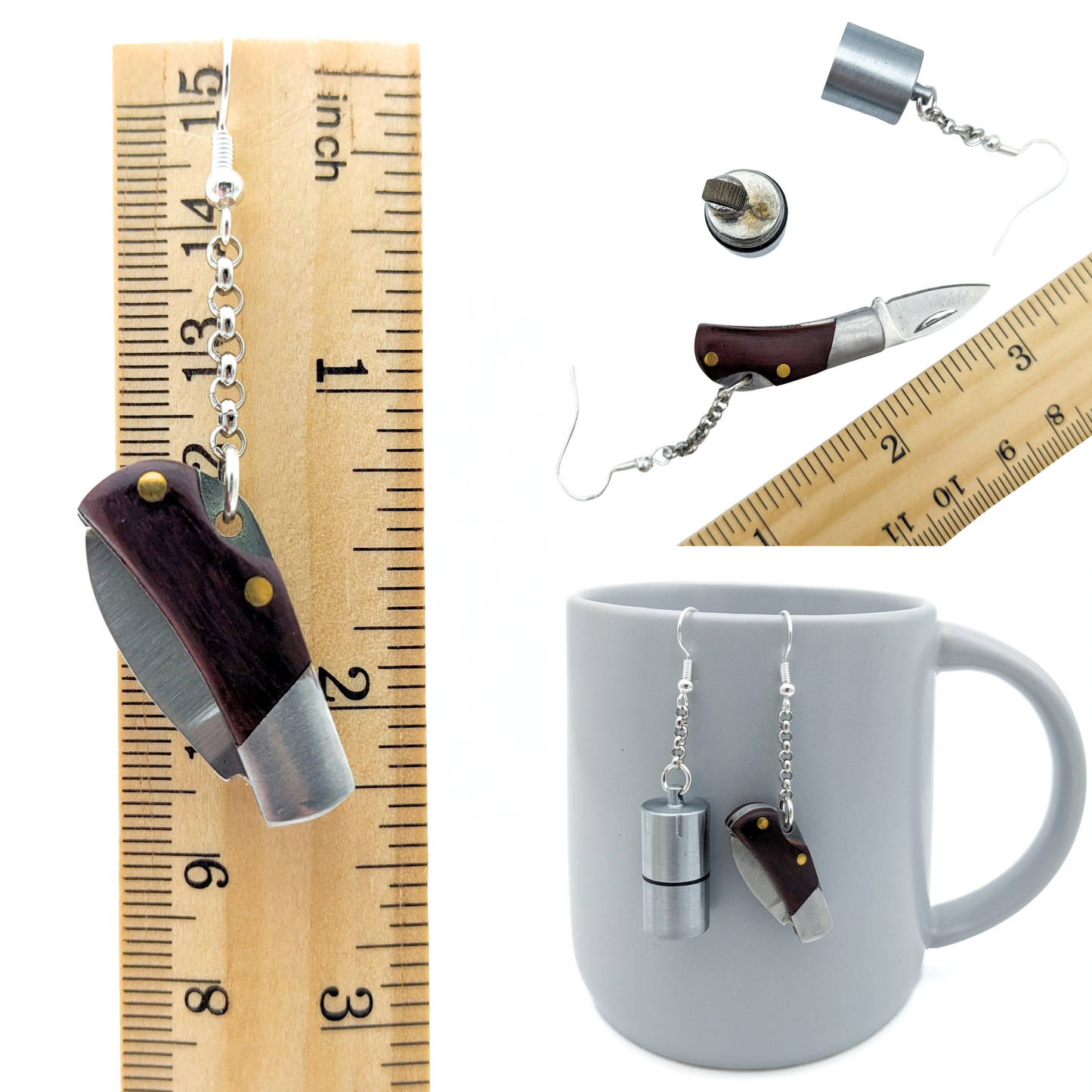 Functional Survival Tool Earrings with Lighter and Pocketknife