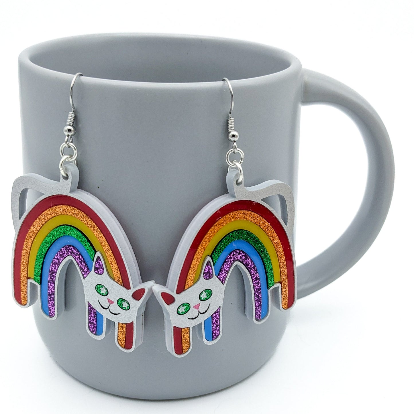 Rainbow Pride Cat Earrings - Pride Flag Cat Earrings -Big Bold Rainbow Cat - LGBTQ Jewelry - Laser Cut Acrylic