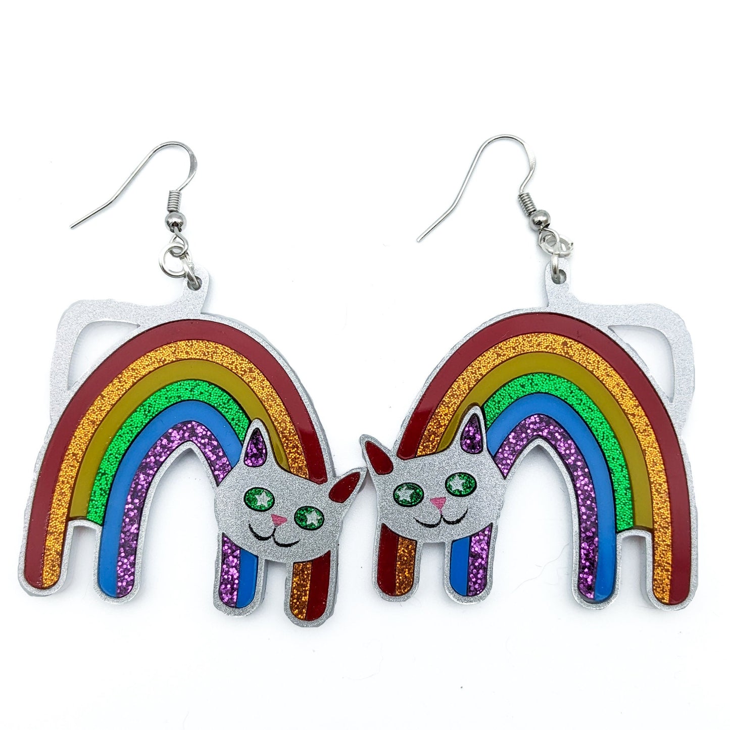 Rainbow Pride Cat Earrings - Pride Flag Cat Earrings -Big Bold Rainbow Cat - LGBTQ Jewelry - Laser Cut Acrylic