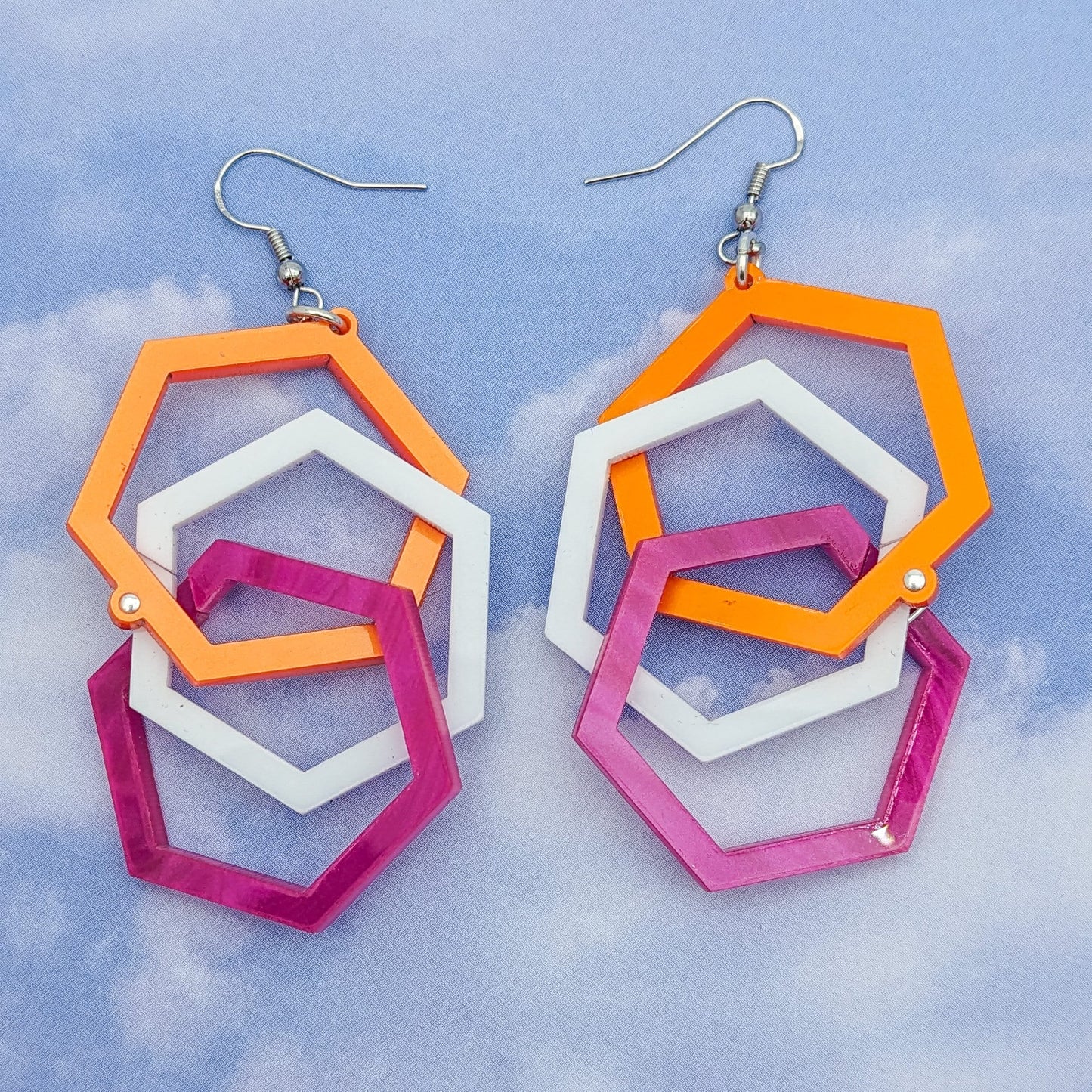 Lesbian Pride Hexagon Earrings - Bold & Lightweight - Lesbian Flag Colors - Linked Hexagons - Laser Cut