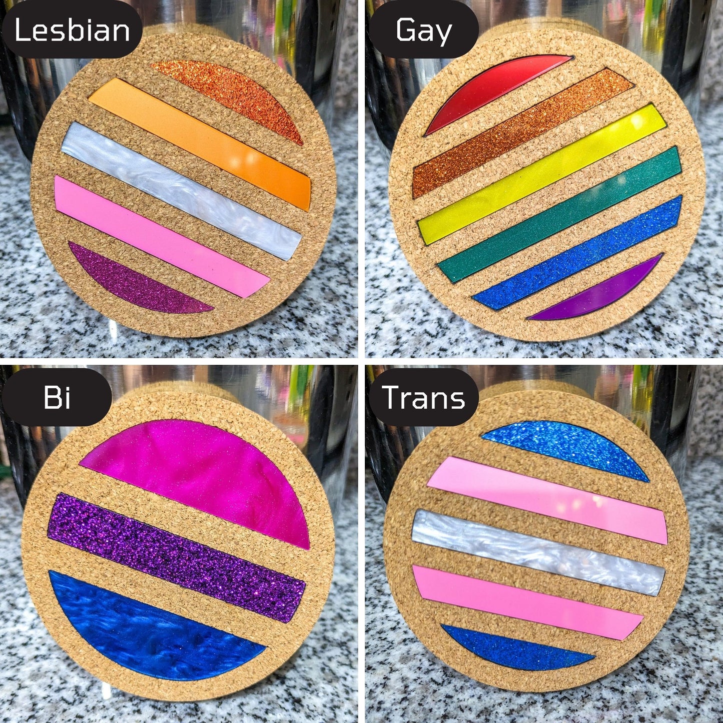LGBT+ Flag Coasters - Cork and Acrylic Drink Coasters - Great for Housewarming, Pride Party, Wedding - Choose Your Flags