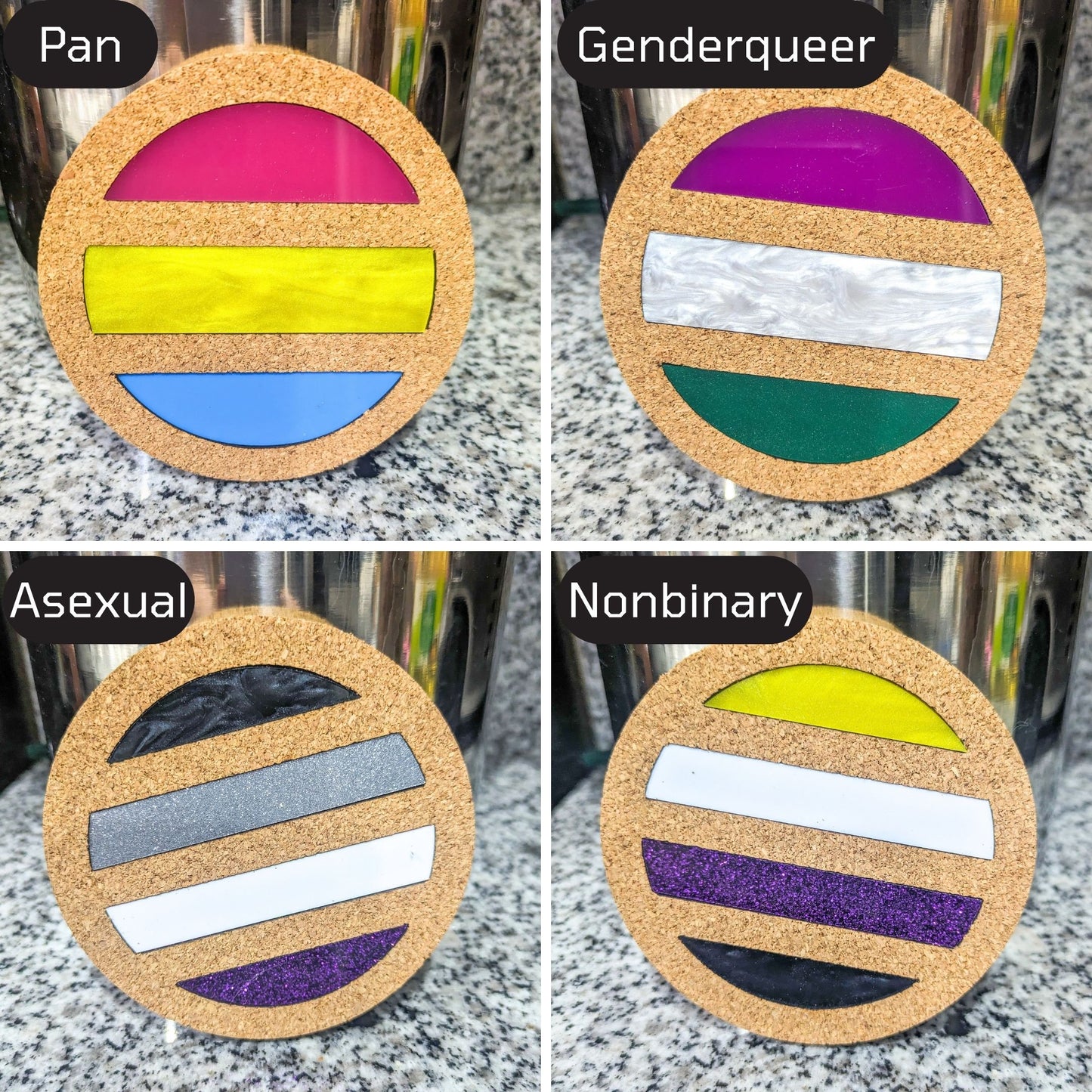 LGBT+ Flag Coasters - Cork and Acrylic Drink Coasters - Great for Housewarming, Pride Party, Wedding - Choose Your Flags