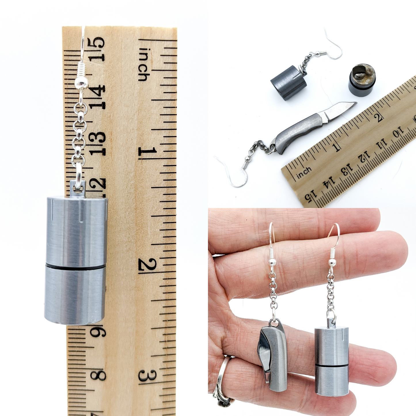 Functional Survival Tool Earrings with Lighter and Pocketknife