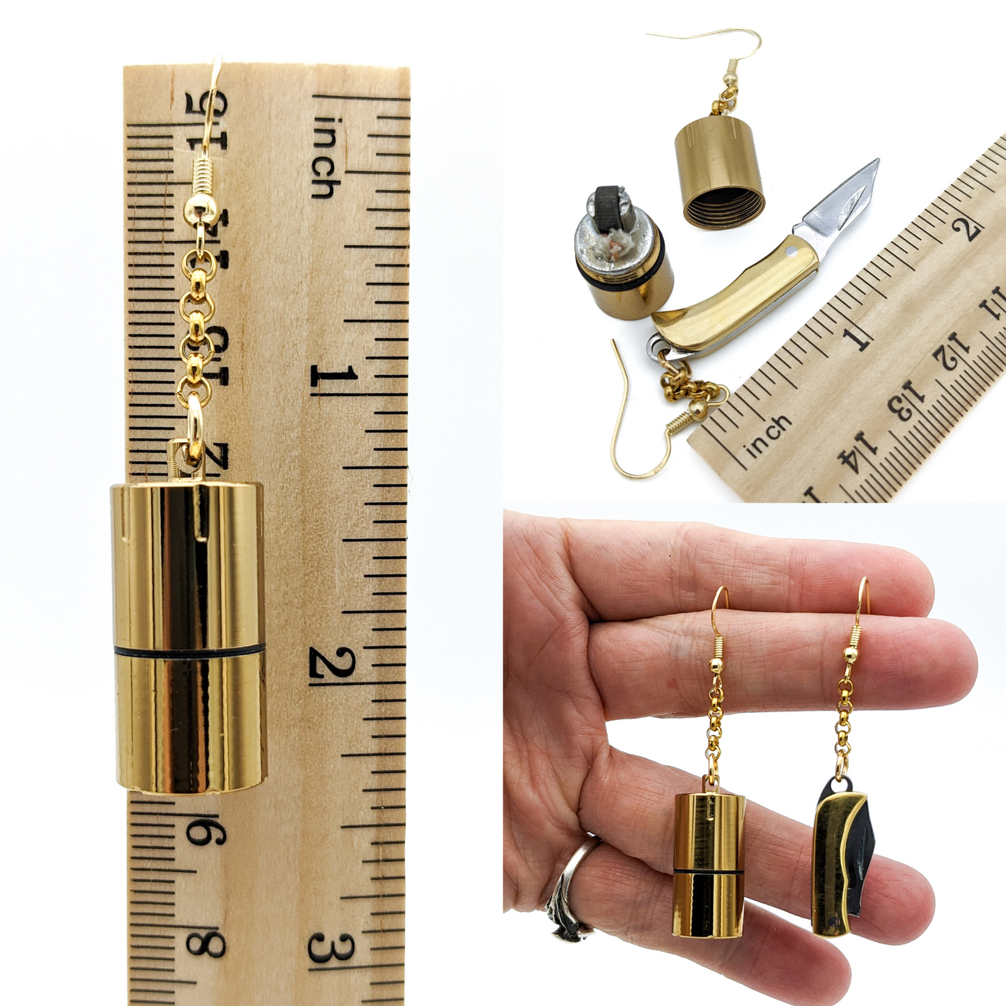 Functional Survival Tool Earrings with Lighter and Pocketknife