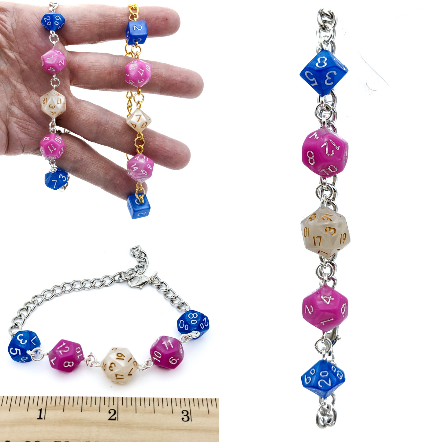 Trans Pride Dice Bracelet with Real Polyhedral Dice