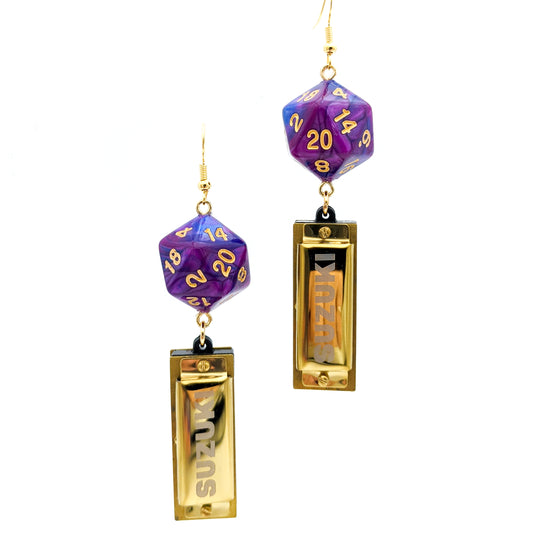 D20 Bard Character Earrings with Functional Miniature Harmonicas