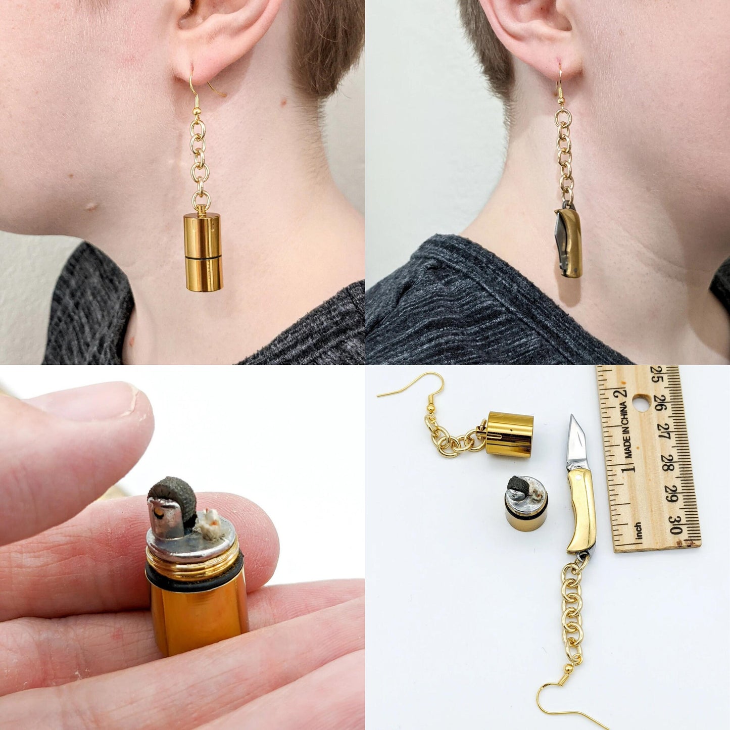 Functional Survival Tool Earrings with Lighter and Pocketknife