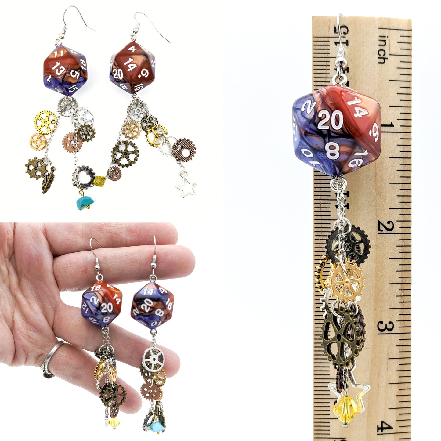 D20 Artificer Character Earrings - Steampunk Dice Jewelry - Artificer Earrings