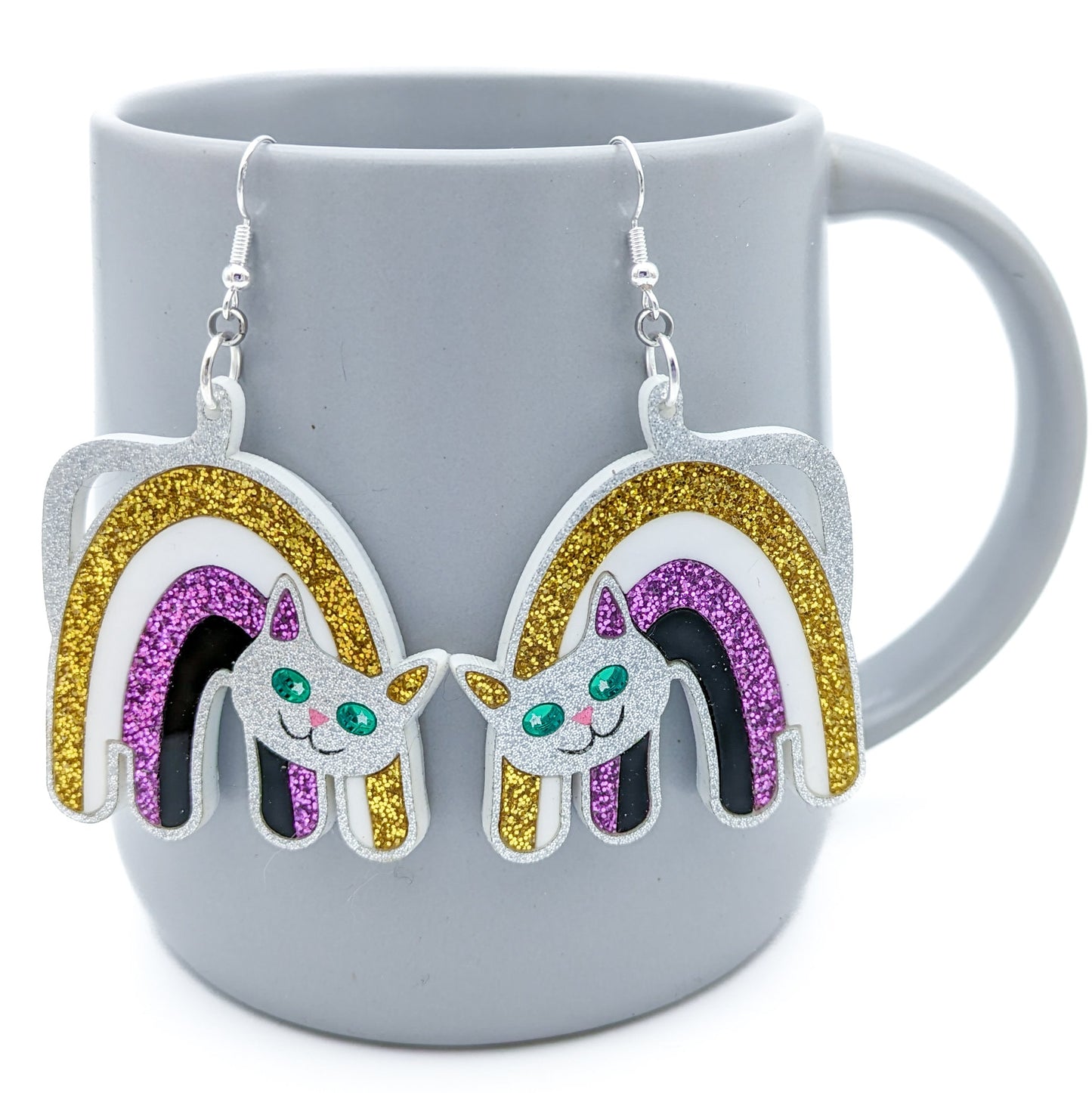 Nonbinary Pride Cat Earrings - Pride Flag Cat Earrings -Big Bold Rainbow Cat - LGBTQ Jewelry - Laser Cut Acrylic