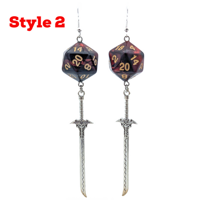 D20 Fighter Character Class Earrings with Sword - Red DND Dice Earrings