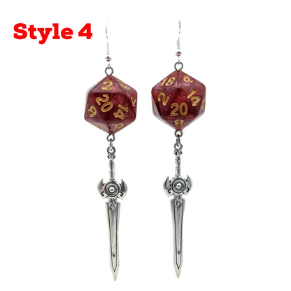 D20 Fighter Character Class Earrings with Sword - Red DND Dice Earrings