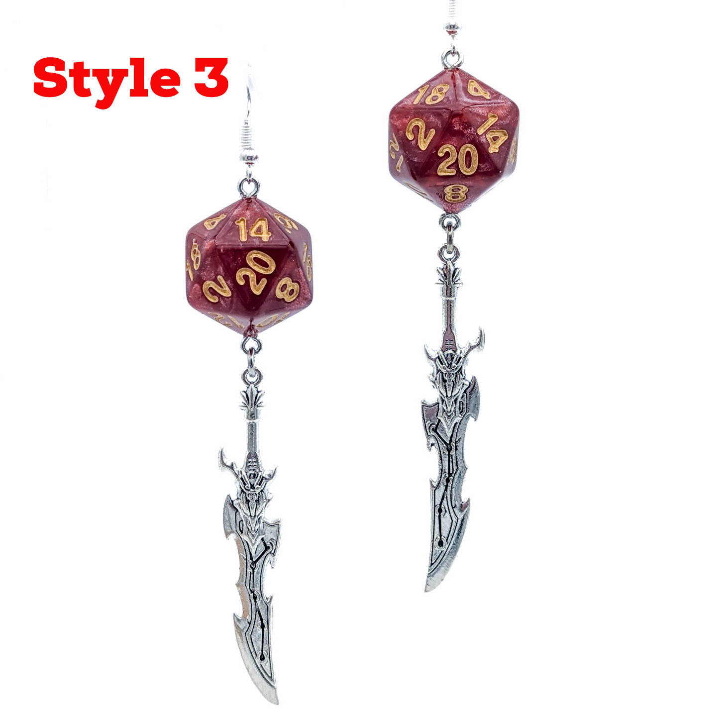 D20 Fighter Character Class Earrings with Sword - Red DND Dice Earrings