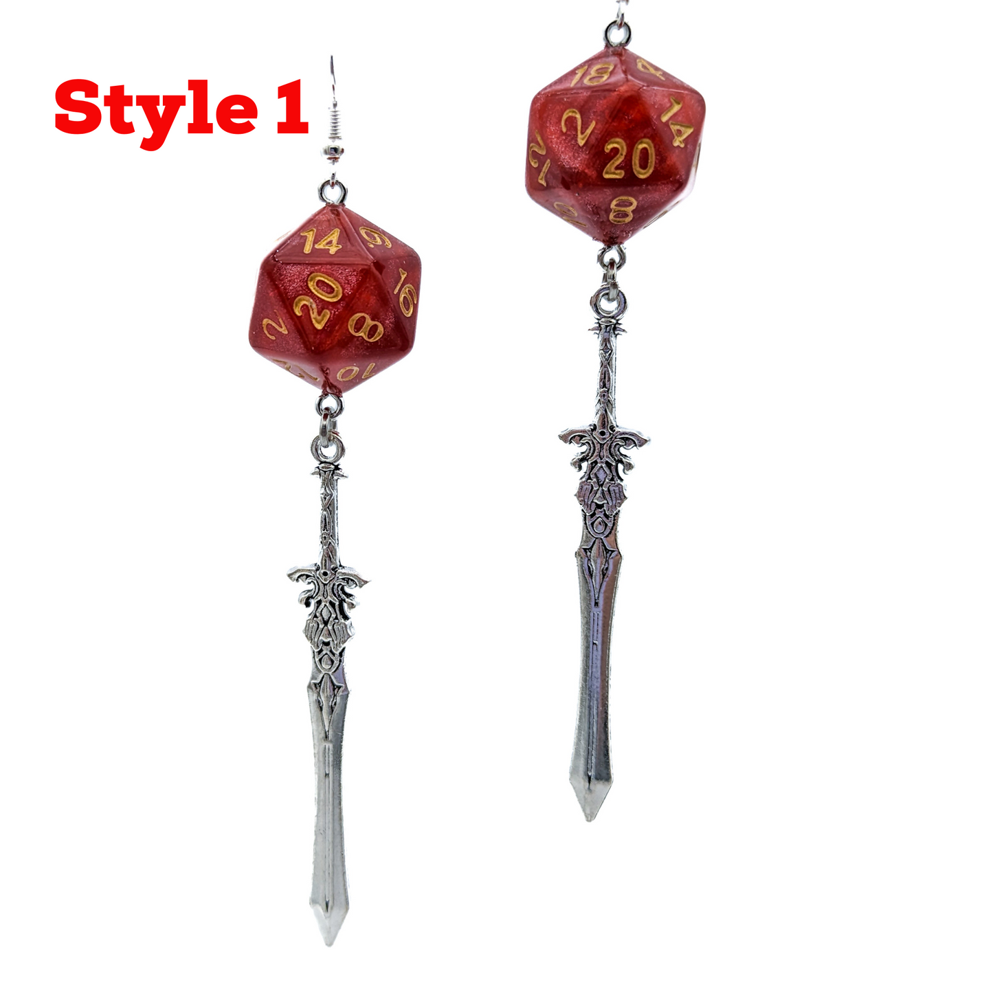 D20 Fighter Character Class Earrings with Sword - Red DND Dice Earrings