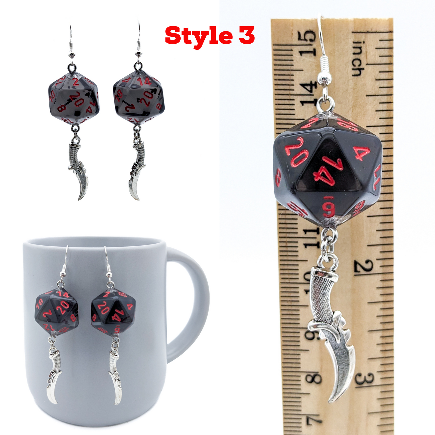 Black Smoke Dice Dagger Earrings for Rogue DND Characters