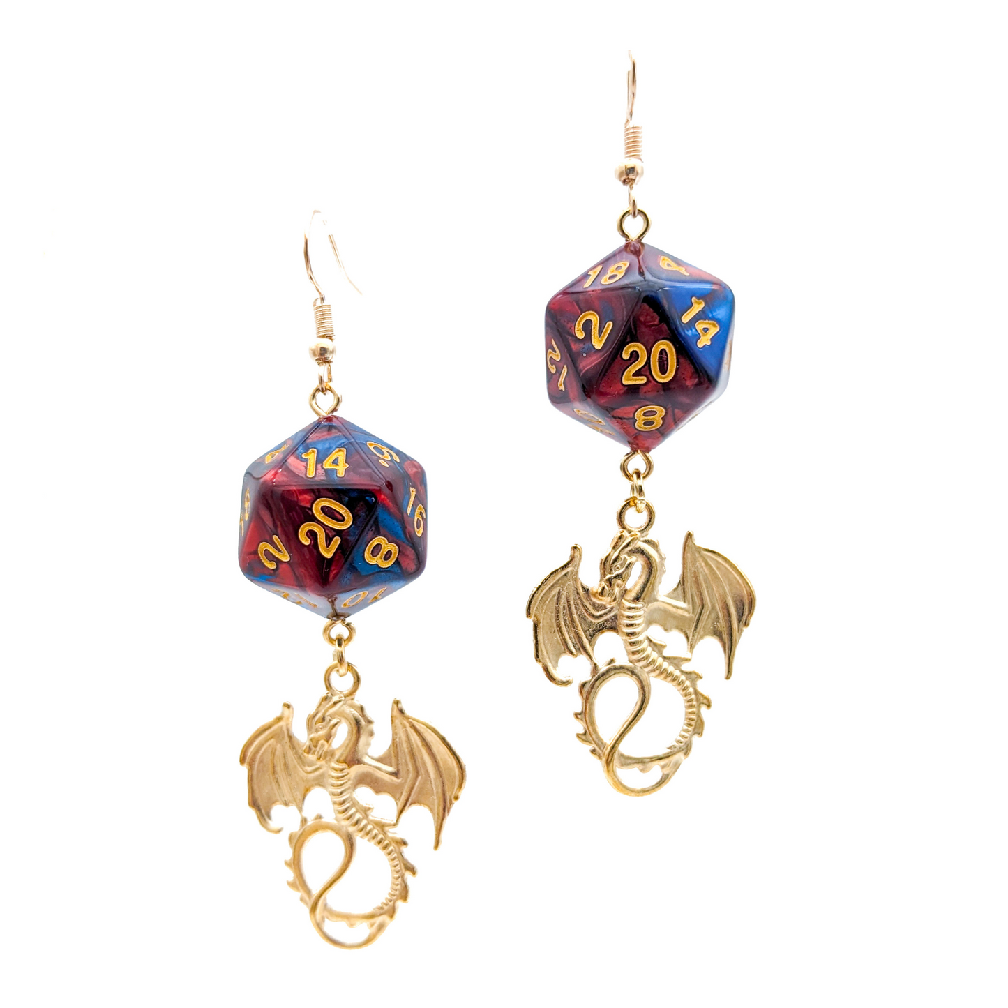 D20 Dragon Dice Earrings - Red/Blue Dice with Charm