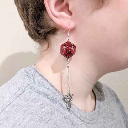 D20 Spear Fighter Character Earrings - DND Dice Earrings with Spear Halberd Trident Weapon