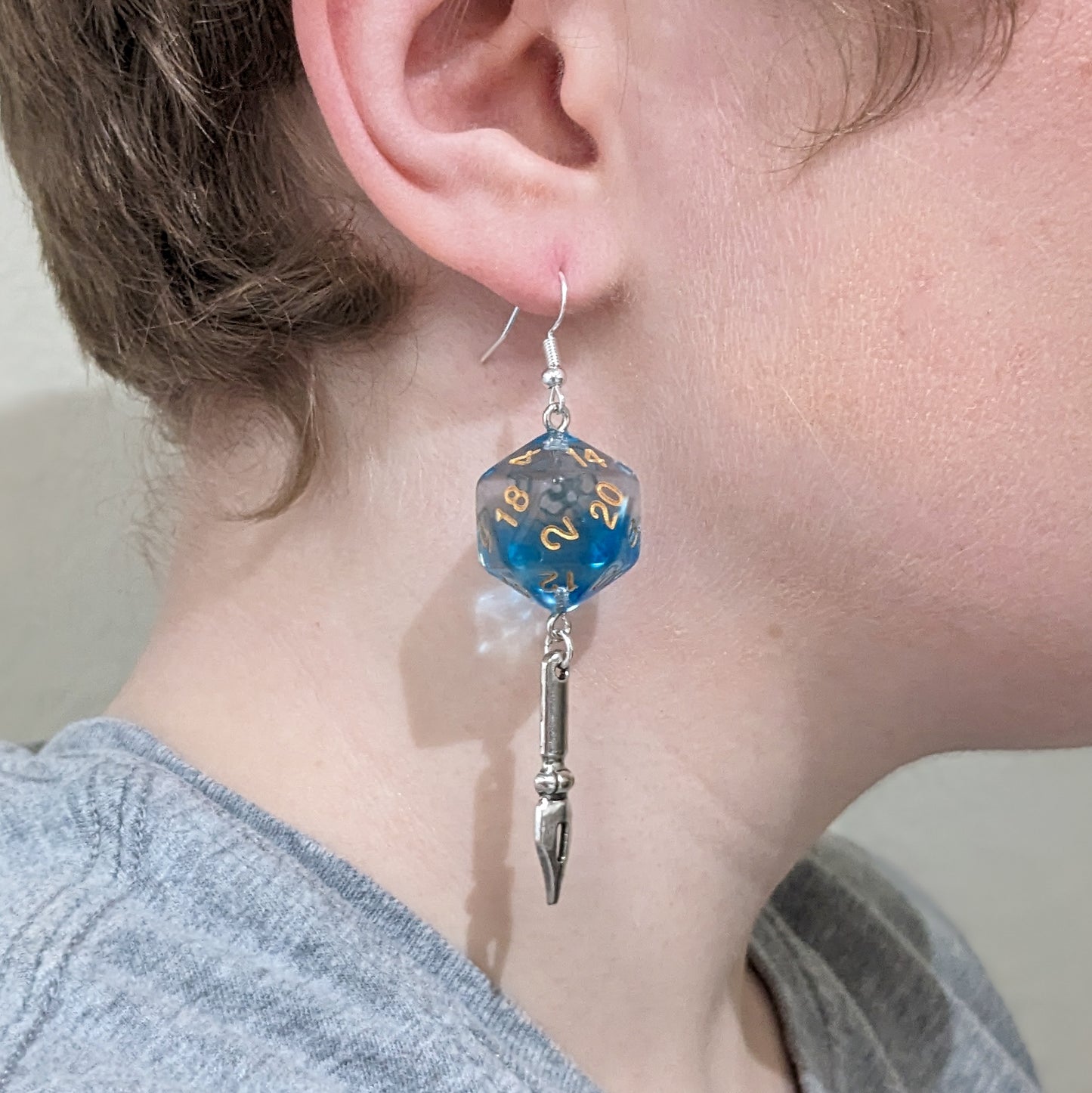 D20 Dice Character Class Earrings for Order of Scribes Wizard with Pen -  DND Dice Earrings