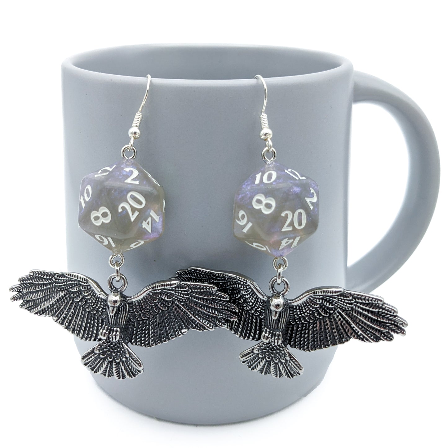 D20 Raven Queen Character Earrings - DND Dice Earrings with Raven