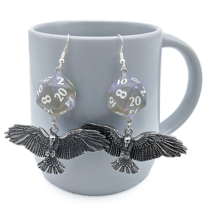 D20 Raven Queen Character Earrings - DND Dice Earrings with Raven