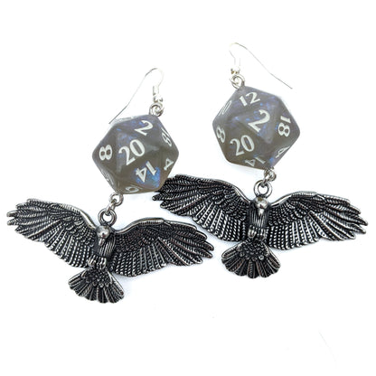 D20 Raven Queen Character Earrings - DND Dice Earrings with Raven