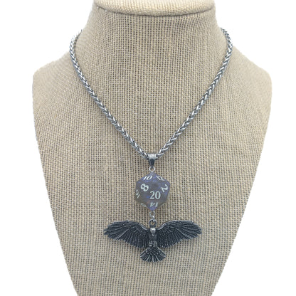 D20 Raven Queen Character Necklace - 24" DND Dice Pendant with Raven - Shadow Fey Grave Domain Shadar-kai - RPG Earrings - Gamer Jewelry