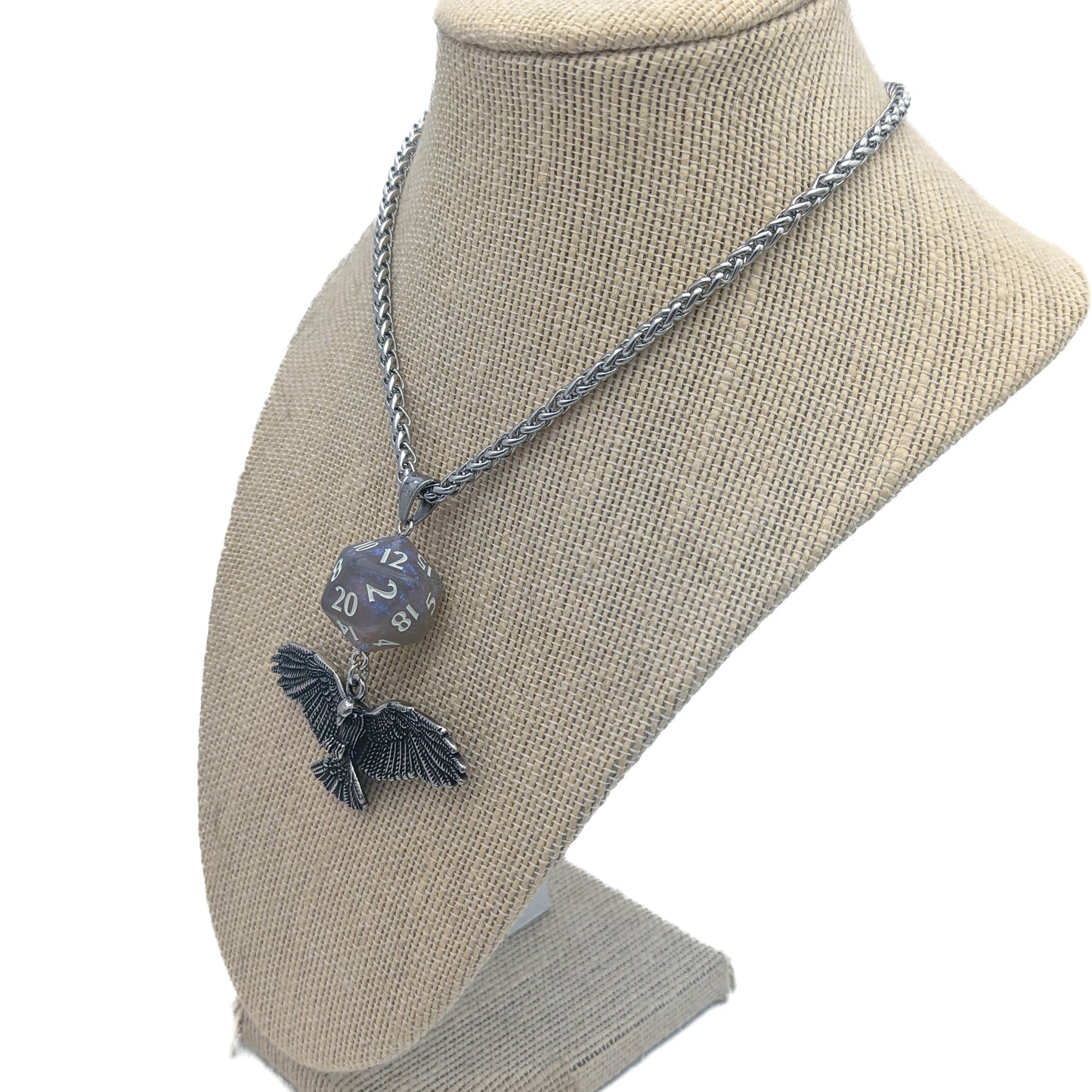 D20 Raven Queen Character Necklace - 24" DND Dice Pendant with Raven - Shadow Fey Grave Domain Shadar-kai - RPG Earrings - Gamer Jewelry