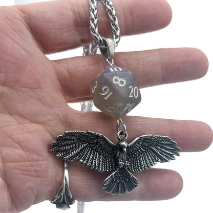 D20 Raven Queen Character Necklace - 24" DND Dice Pendant with Raven - Shadow Fey Grave Domain Shadar-kai - RPG Earrings - Gamer Jewelry