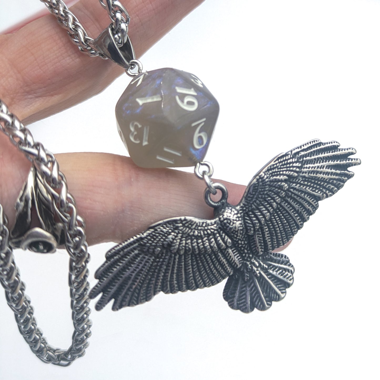 D20 Raven Queen Character Necklace - 24" DND Dice Pendant with Raven - Shadow Fey Grave Domain Shadar-kai - RPG Earrings - Gamer Jewelry