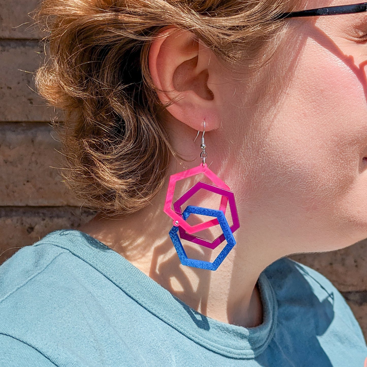 Bi Pride Hexagon Earrings - Bisexual Flag Colors - Linked Hexagon Earrings - Laser Cut Acrylic