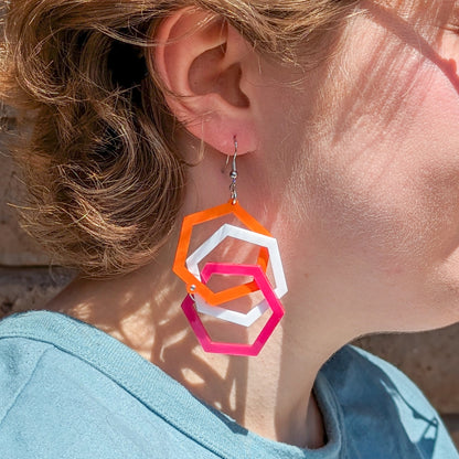 Lesbian Pride Hexagon Earrings - Bold & Lightweight - Lesbian Flag Colors - Linked Hexagons - Laser Cut