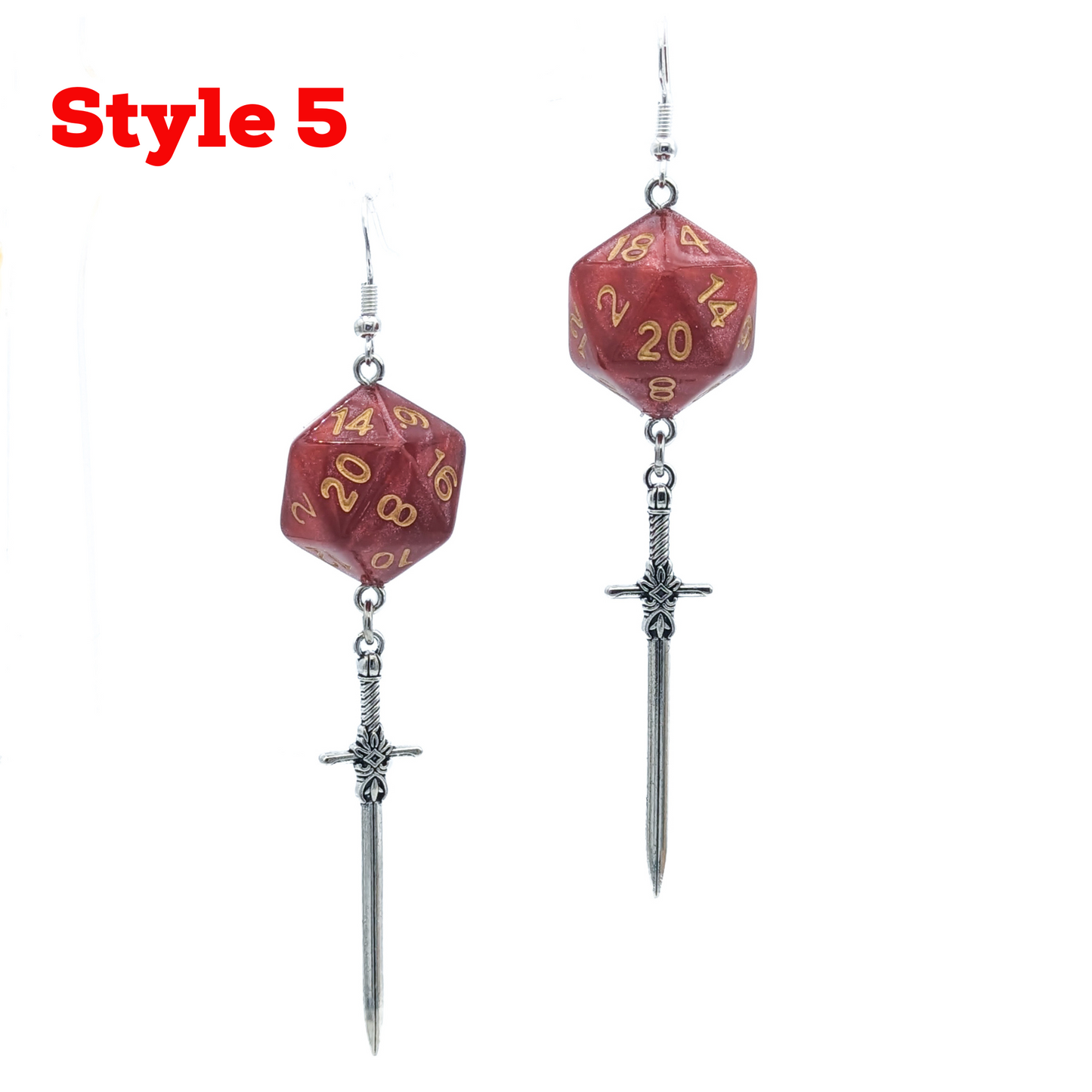 D20 Fighter Character Class Earrings with Sword - Red DND Dice Earrings