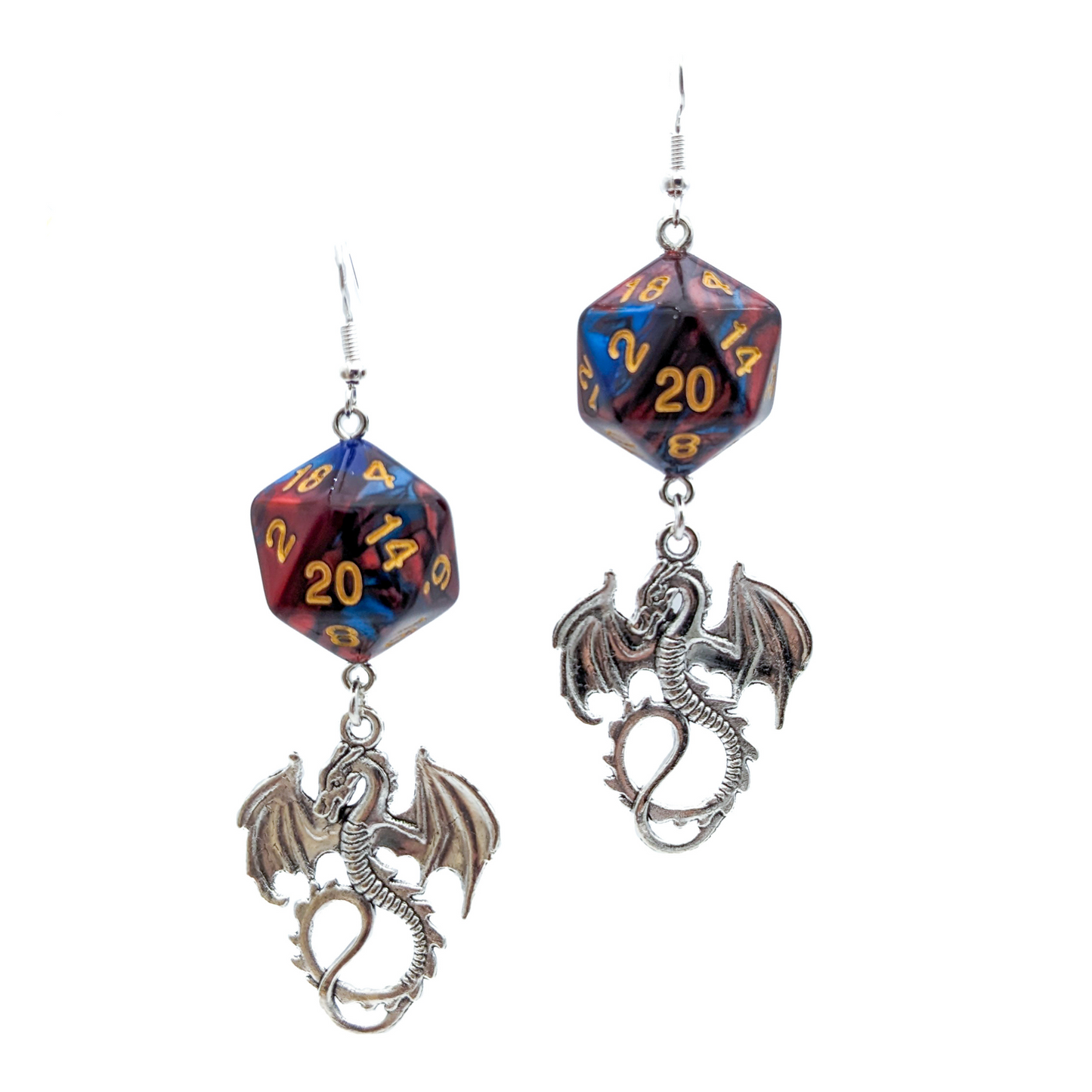 D20 Dragon Dice Earrings - Red/Blue Dice with Charm