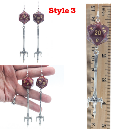 D20 Spear Fighter Character Earrings - DND Dice Earrings with Spear Halberd Trident Weapon