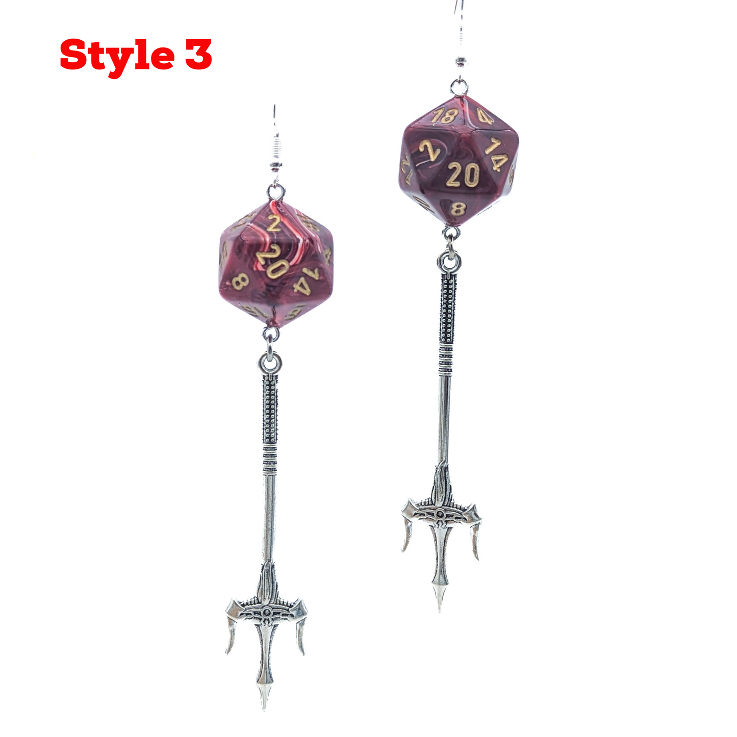 D20 Spear Fighter Character Earrings - DND Dice Earrings with Spear Halberd Trident Weapon