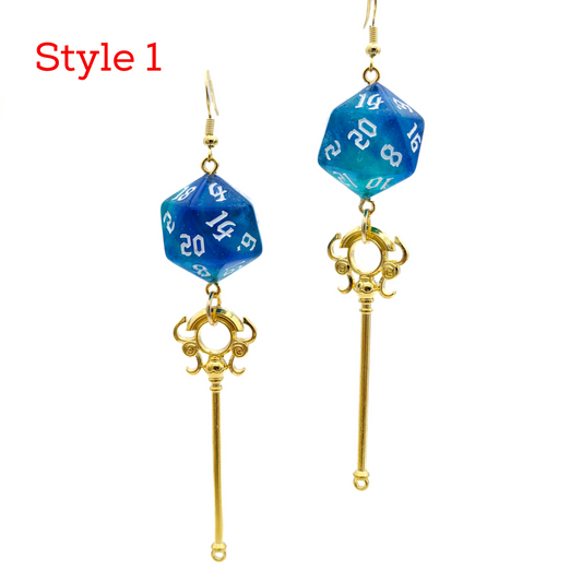 D20 Wizard/Sorcerer/Warlock/Mage Character Class Dice Earrings with Staff