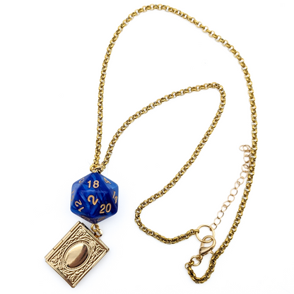 Wizard D20 Character Class Dice Necklace with Spellbook Charm - Blue D&D Dice Pendant