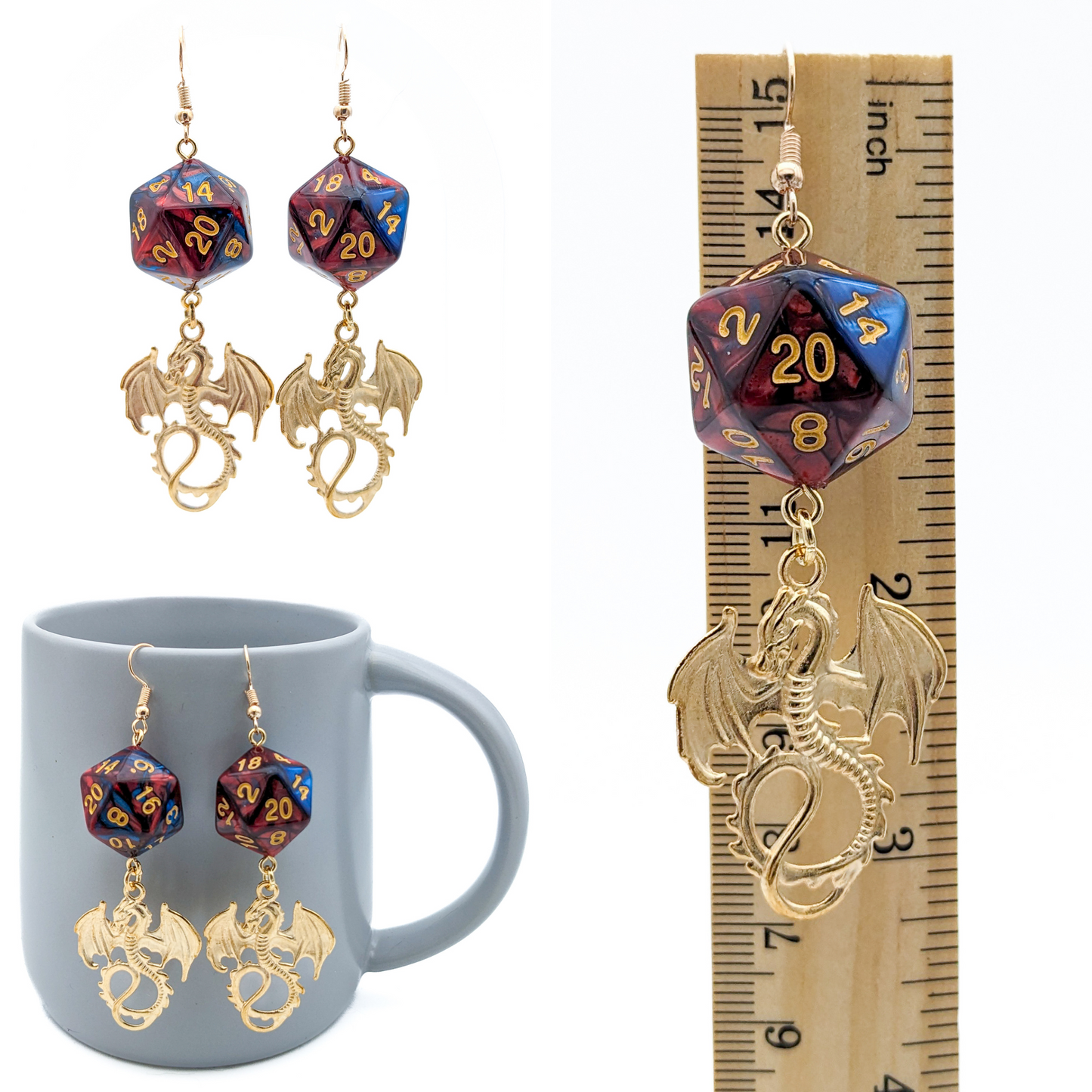 D20 Dragon Dice Earrings - Red/Blue Dice with Charm