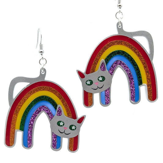 Rainbow Pride Cat Earrings - Pride Flag Cat Earrings -Big Bold Rainbow Cat - LGBTQ Jewelry - Laser Cut Acrylic