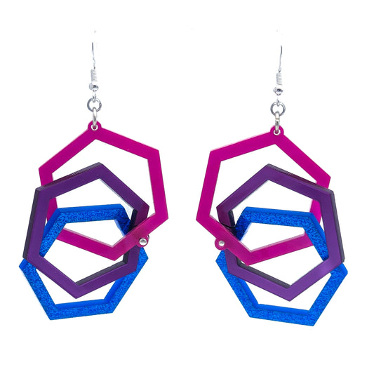 Bi Pride Hexagon Earrings - Bisexual Flag Colors - Linked Hexagon Earrings - Laser Cut Acrylic