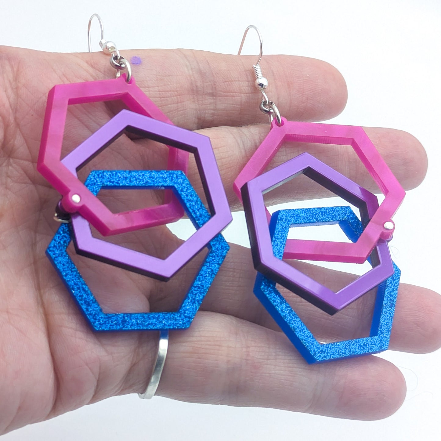 Bi Pride Hexagon Earrings - Bisexual Flag Colors - Linked Hexagon Earrings - Laser Cut Acrylic