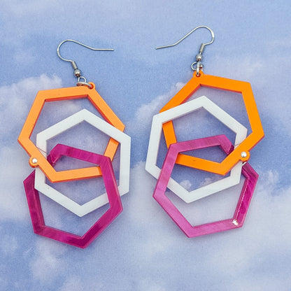 Lesbian Pride Hexagon Earrings - Bold & Lightweight - Lesbian Flag Colors - Linked Hexagons - Laser Cut