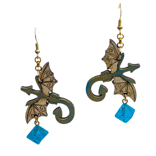 Dragon Dice Earrings - Laser Cut Wooden Dragons with D8 - Hand Painted Blue/Gold - DND Dice Earrings  - Lightweight and Fun