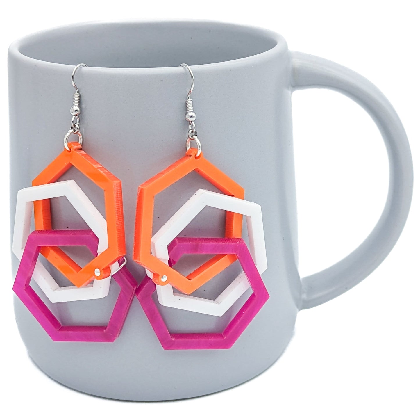 Lesbian Pride Hexagon Earrings - Bold & Lightweight - Lesbian Flag Colors - Linked Hexagons - Laser Cut