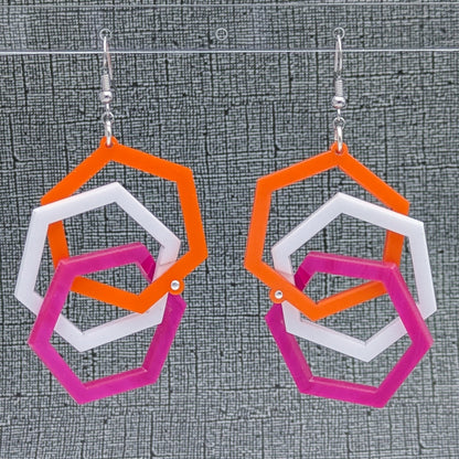 Lesbian Pride Hexagon Earrings - Bold & Lightweight - Lesbian Flag Colors - Linked Hexagons - Laser Cut